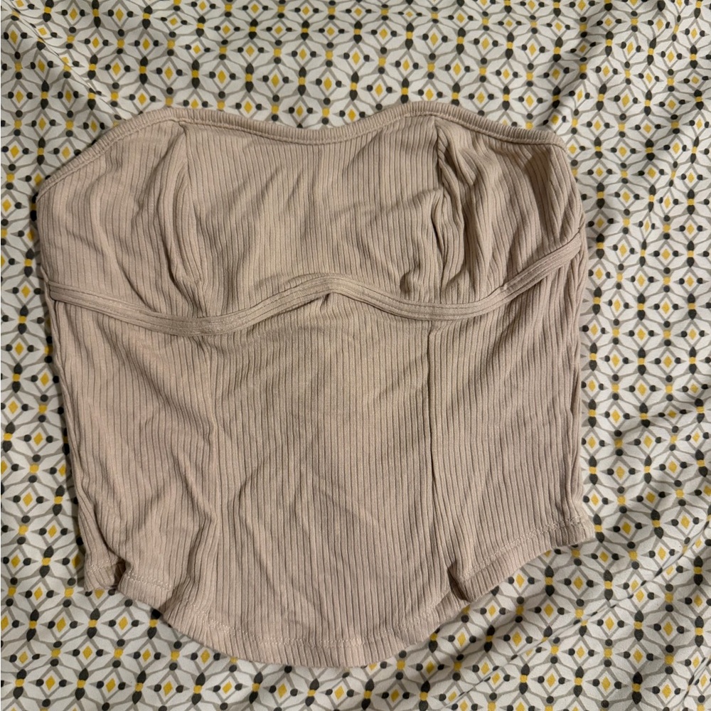 Beige Strapless Ribbed Top